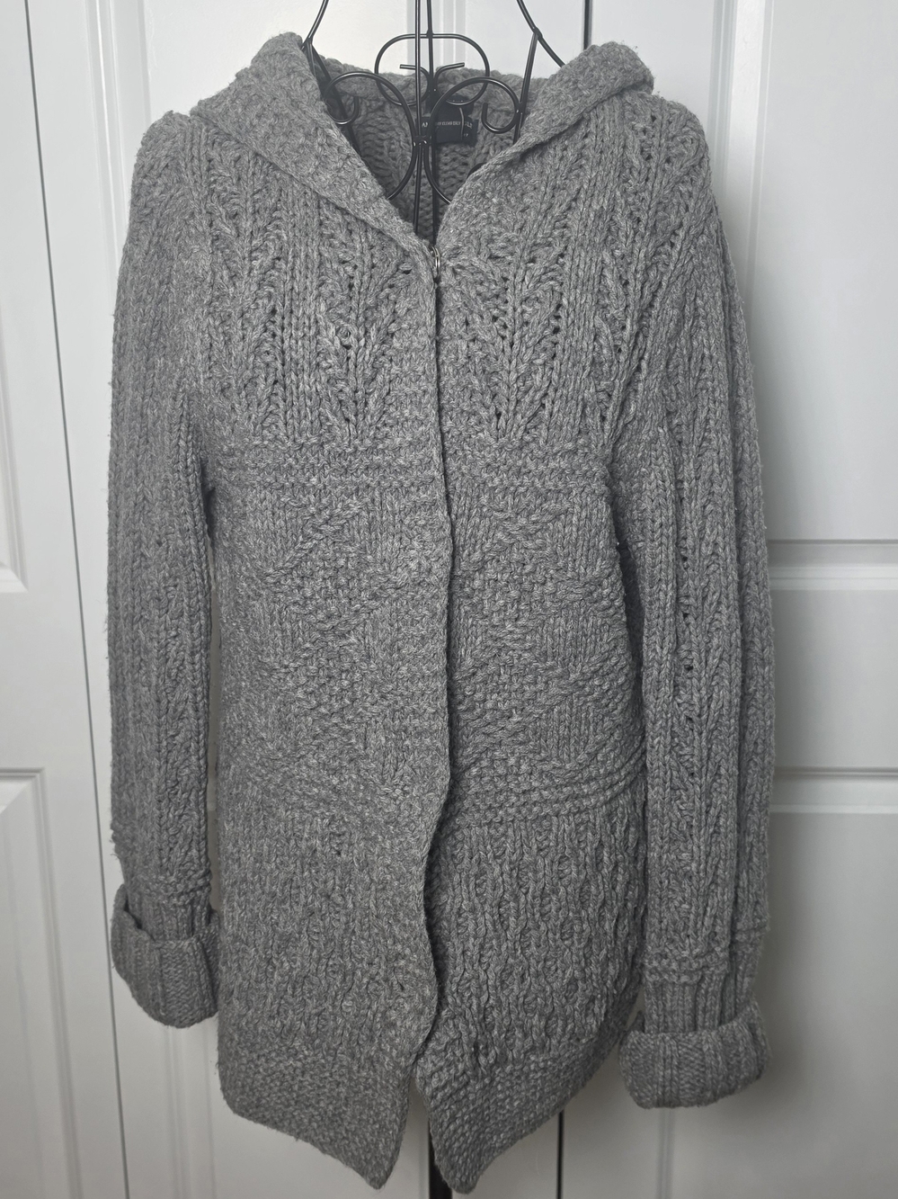 American Eagle 100% Lambswool Hand Knit Hooded Cable Cardigan Sweater L